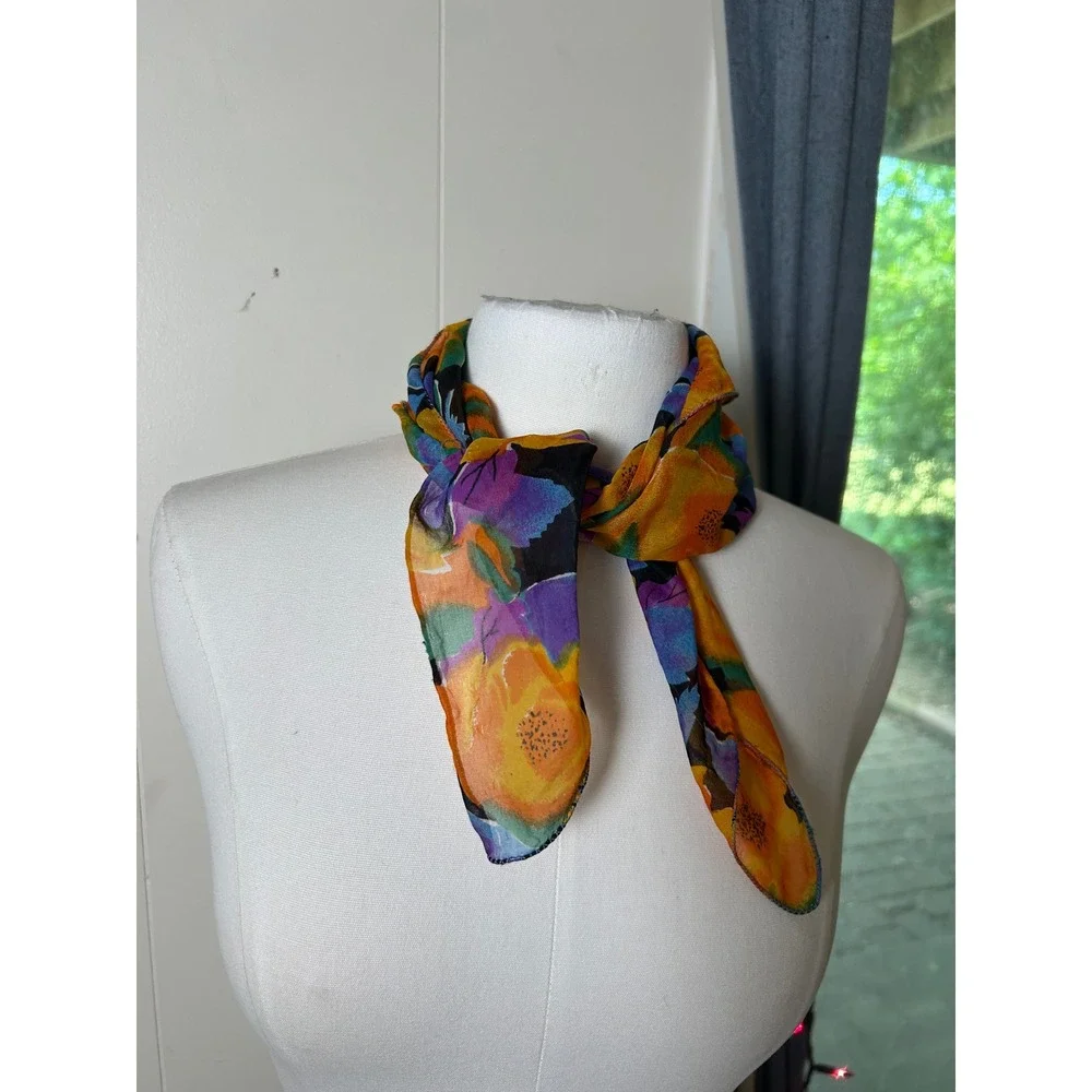 Vintage Floral Square Scarf Sheer Boho Retro Festival Bandana Botanical‎ Summer